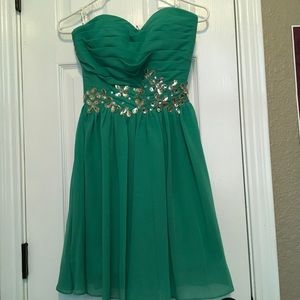 green with silver gemstones strapless short dress